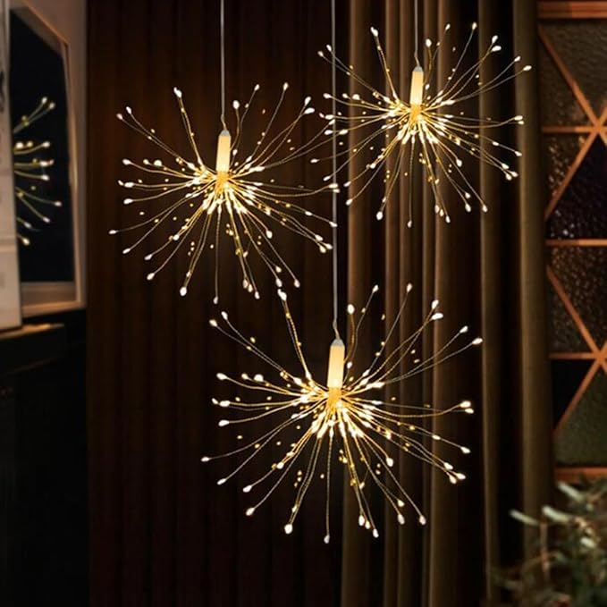 8 Pcs Total 800 LED Firework Copper Wire Lights, 8 Modes Fairy Twinkle Lights Plug in String Lights 1M/3.3FT Spacing Starburst Lights with Sagging Wire and Remote Control(Warm White)