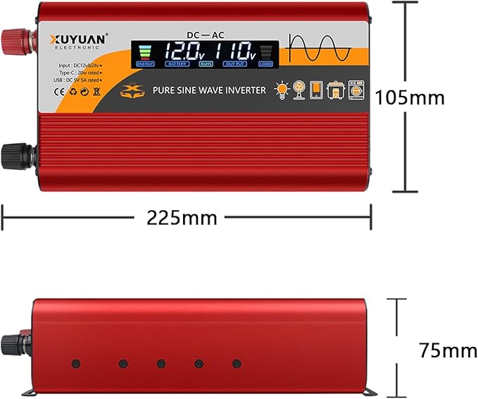 500W Pure Sine Wave Inverter (1000W Peak), 12V/24V Auto-Detect, 50Hz/60Hz Switchable, LCD Display, Type-C Fast Charging, Silent Design, Overload & Overheat Protection for RV, Home (RED-500W)