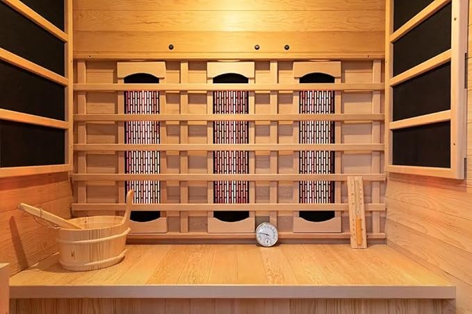 Luxury Dual-System Wood Sauna Room for 2-3 Person, Hybrid Indoor Sauna Spa,Canadian Hemlock, 4.5KW Heater, 195°F Steam+149°F Far Infrared, 10 Heating Elements, 220V, Oxygen Ionizer, 8mm Tempered-grass