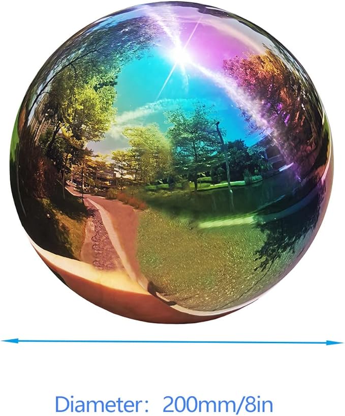 Rainbow Gazing Globe Mirror Ball in Stainless Steel, Shiny Hollow Sphere Sparkling Housewarming Outdoor Ornament (8 Inch)