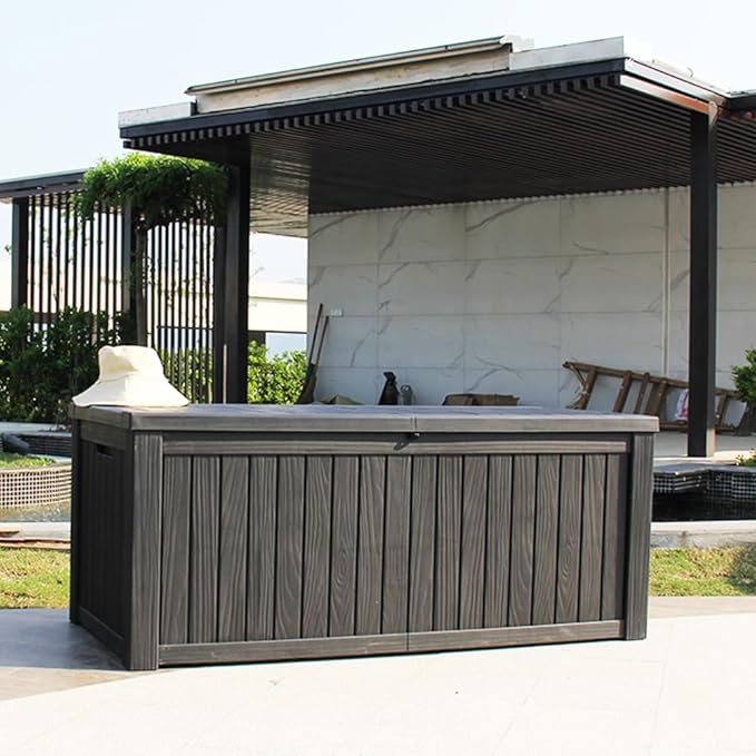BTEXPERT 150 Gallon Outdoor Storage Container Deck Box with Metal Support Rods for Patio Furniture Garden Tools Cushions Waterproof Lockable UV Resistant Resin