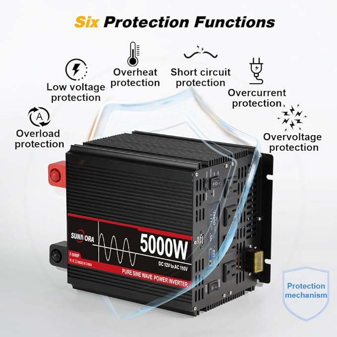 5000 Watt Pure Sine Wave Power Inverter with LCD 12V DC to 110V/120V AC Peak Power 10000W Car Power Inverter with 4 AC Outlets & 1 USB Port & Remote Control for Truck RV Car Solar System