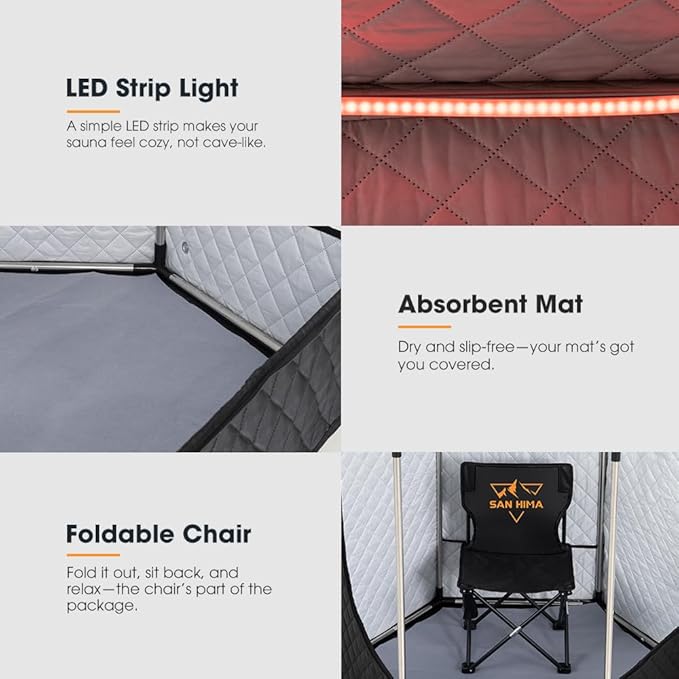 SAN HIMA Portable Sauna for Home - Personal Steam Sauna Box at Home Spa with 3L 1500W Steamer, 9 Levels Heat, 90 Minute Timer, Dimmable LED Light, Foldable Chair, Remote Control for Indoor Outdoor