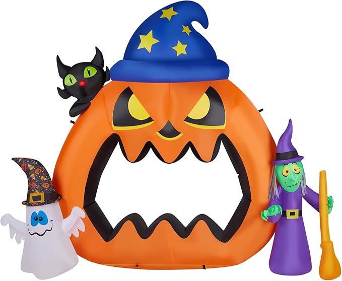 AW 6.9 FT Halloween Inflatables Outdoor Decoration,Blowup Yard Decorations,Giant Scary Pumpkin Jack-O-Lantern Open Mouth,Ghost Witch Cat,Build-in LED Lights Yard Lawn Party Arch 2025