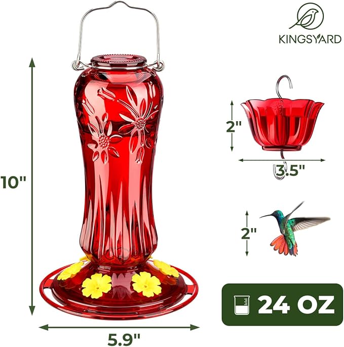 Kingsyard Glass Hummingbird Feeders for Outdoors Hanging, Hummingbird Nectar Feeder with Ant Moat & 6 Bee Guard Feeding Ports, 25 Ounces Leak Proof (Red)