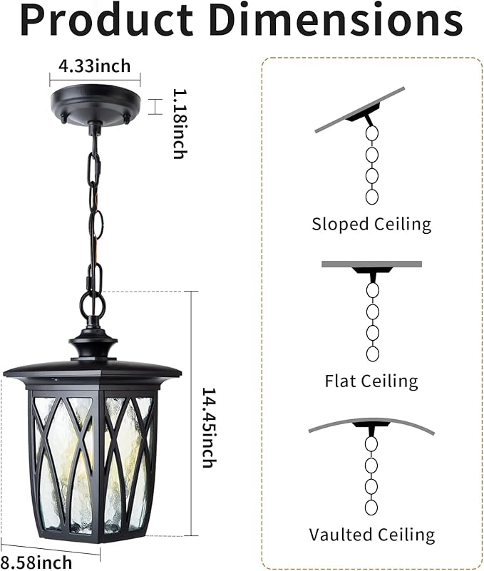 15'' Outdoor Pendant Light Fixture, Exterior Hanging Lantern, Modern Black Metal Outside Chandelier Light Fixture Ceiling Mount with Water Ripple Glass & Adjustable Chain for Porch, Gazebo, Front Door