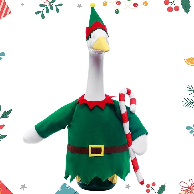 Christmas Toy Soldier Style Porch Goose Outfits,2 Pcs/Set Goose Clothes with Pointed Hat and Candy Cane Fits 23" Lawn Goose Statue,Green Christmas Outdoor Goose Costume,Yard Patio Garden Xmas Decor