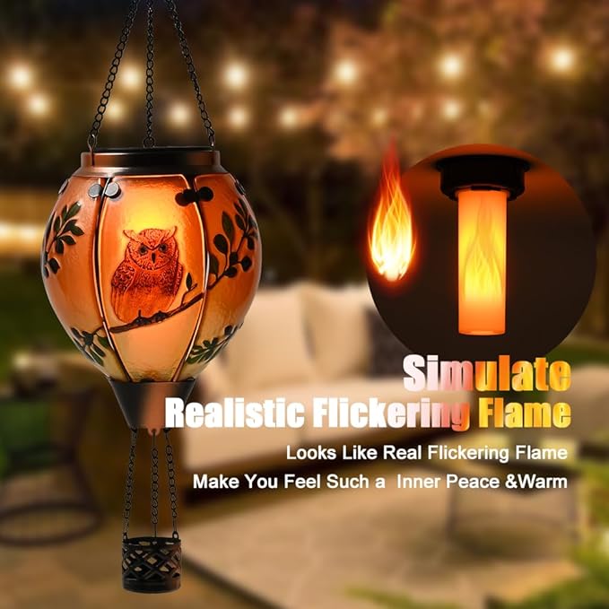 Hot Air Balloon Solar Lantern - Owl Stained Glass Lantern, Simulated Flickering & Dancing Flame, Outdoor Hanging Yard Light Waterproof IP65 for Patio Lawn Porch Decor Gift