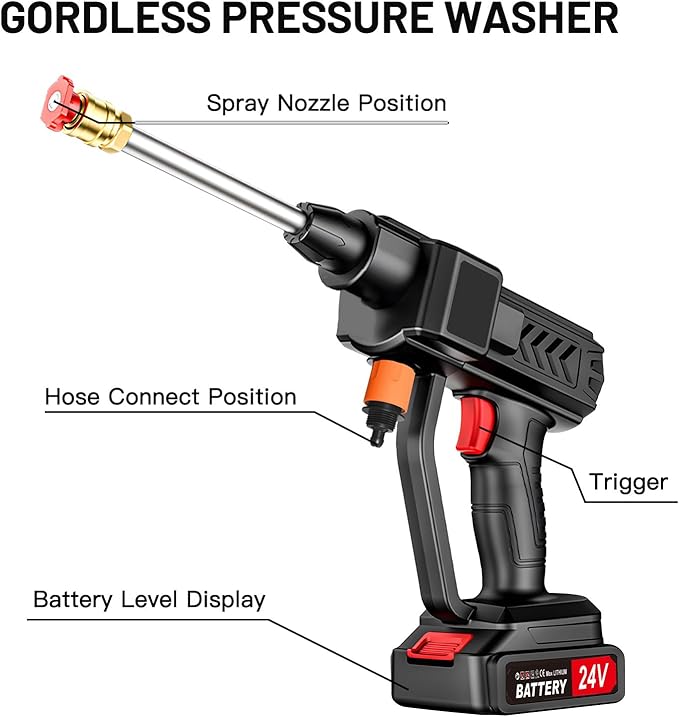 Cordless Pressure Washer, 6-in-1 Nozzle Portable Battery Powered Pressure Washer Handheld with 2 Battery Powered, 18bar Portable High Pressure Cordless Power Washer for Car/Floor/Patio Cleaning(black)
