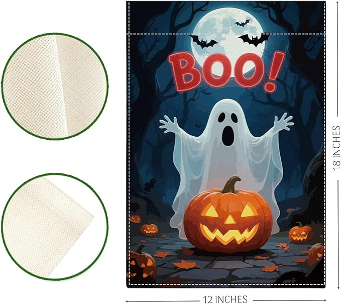 Halloween Boo Garden Flag Scary Ghost Bat Fall Pumpkins Halloween Themed Holiday Party Outside Outdoor Lawn Decorations Yard Flag Double Sided 12x18 Inch