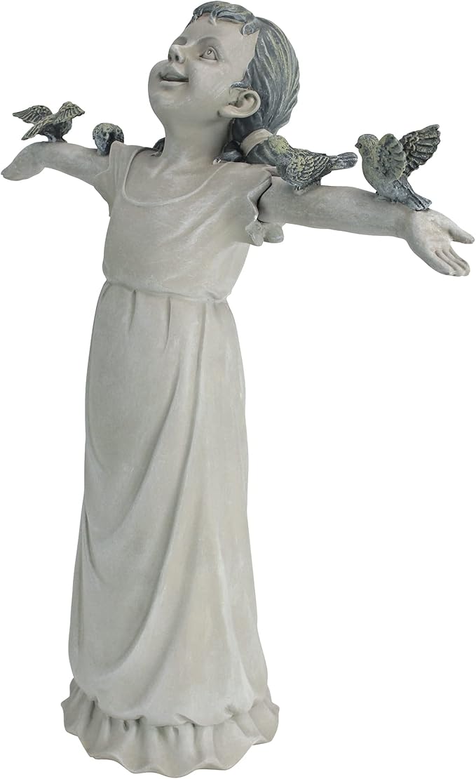 Design Toscano Basking in Glory Little Girl with Birds Outdoor Garden Statue, Medium, 16 inches tall, Cast Stone Resin, Two Tone Stone Finish