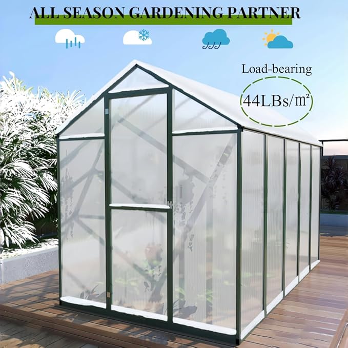 72*96in Greenhouse for Outdoors, Polycarbonate Greenhouse with Stronger Wind Protection and Roof Vent, Walk-in Large Aluminum Sunroom Winter Proof, Green