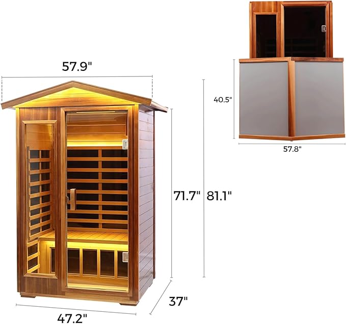 Red Cedar Outdoor Sauna 2 Person,Low EMF Far Infrared Adjustable Sauna,outdoor saunas for home,Traditional Sauna Spa,1850W,8 Heating Plates,LCD Control Panel,Chromotherapy Light,Bluetooth Speaker