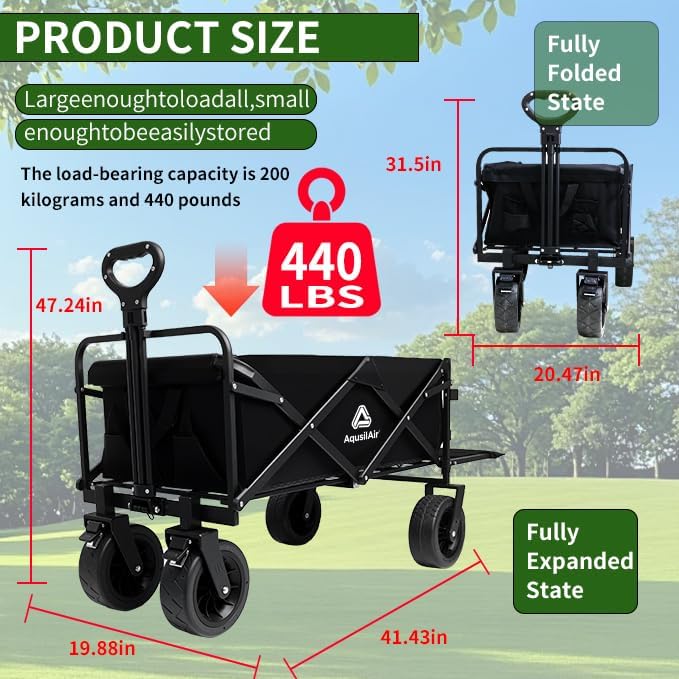 Collapsible Wagon with Wheels, 440 lbs Wagons Carts Foldable Wagon Cart with Flexible Handle, Lightweight Portable Folding Utility Grocery Shopping Cart for Grocery Sports Garden Camping