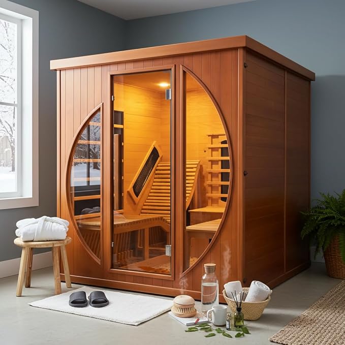 Infrared Wooden Sauna Room with Recliner, 2 Person Infrared Home Sauna, 220V，3400W, 5 Heating Tubes, 4 Carbon Crystal Heating Panel, Bluetooth Speakers, 7 Color Light, Oxygen Bar