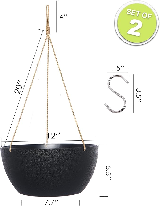 12 Inch 2 Pack Large Hanging Planters for Indoor Outdoor Plants, Plastic Hanging Basket Pots for House Plants Flowers, Black