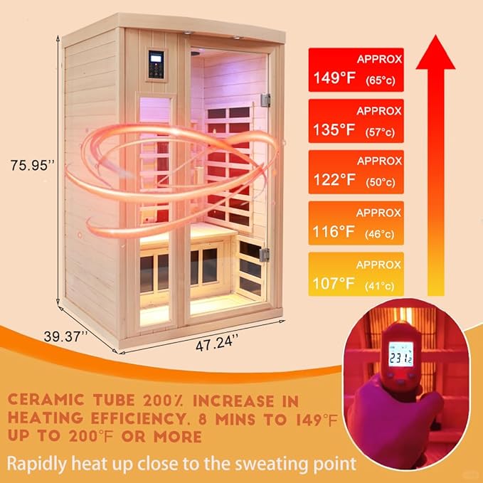 Ceramic Infrared Sauna 2 Person Far Infrared Sauna Hemlock Saunas Room for Home 2 in 1 Indoor Sauna with Low EMF Heaters + Ceramic Heating Cubes-Chromotherapy-Bluetooth Speaker