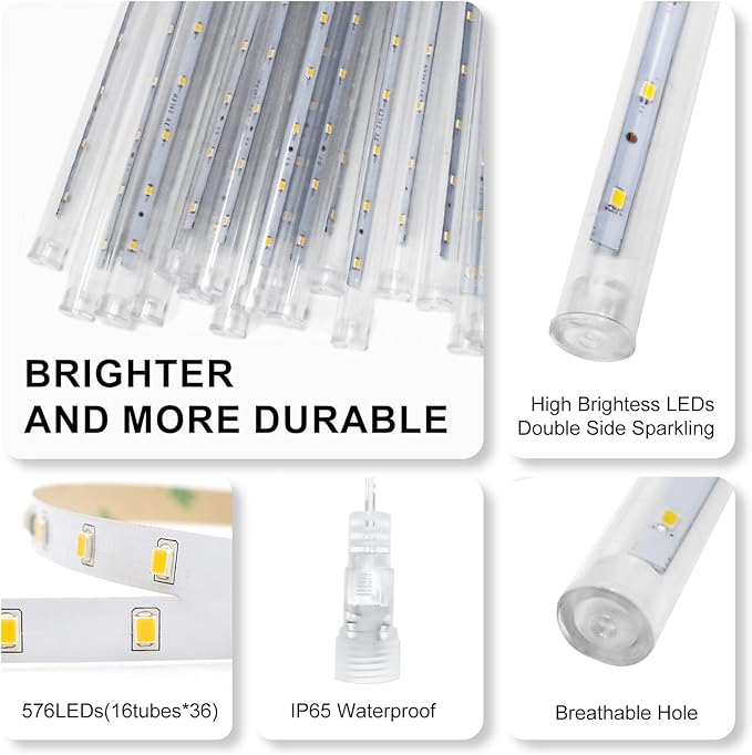 PEMOTech Christmas Lights Outdoor,16 Tubes (Equivalent to 2 Sets of 8-Tubes) Meteor Shower Lights,Waterproof Christmas Decorations for Xmas Tree Party, Outdoor Christmas Decorations,UL Plug,Blue