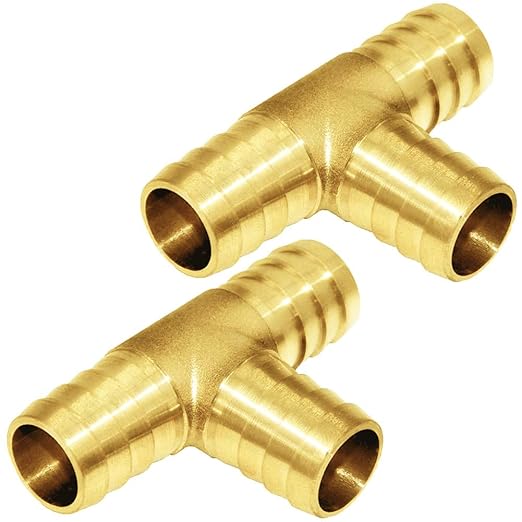 Joywayus 1/2" Brass Barb Tee Fittings T-Shaped 3 Ways Union 1/2" Hose Barb Pipe Fitting with 6pcs Stainless Steel Pipe Clamp for Water/Fuel/Air (Pack of 2)