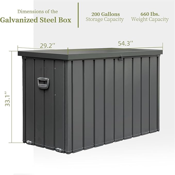 200 Gallon Outdoor Deck Box Lockable Metal Indoor Outdoor Storage Container with Side Handle, Waterproof Storage Box with Rolling Castors for Patio Garden Tools, Pools Equipment, Cushions, Gray