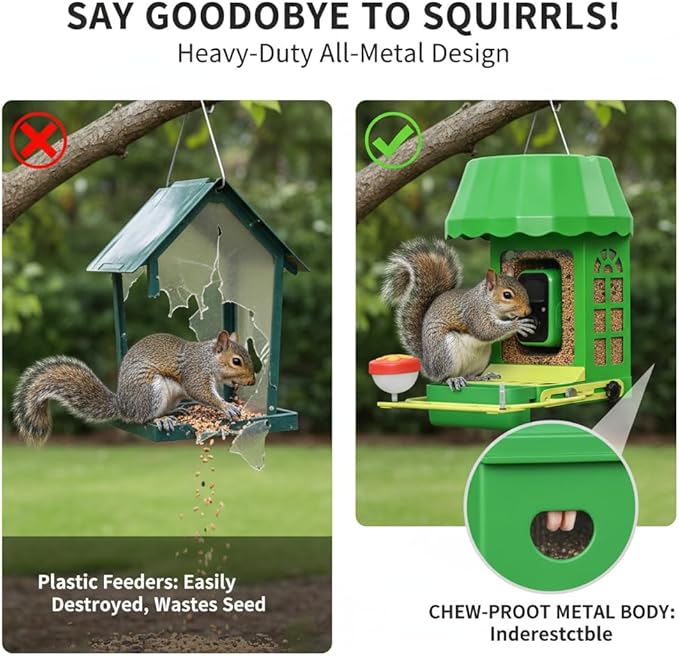 Avinory Metal Smart Bird Feeder with 2K HD Camera with Pole Dia 1 in,Solar Powered,AI Identification for 12000+ Species,2.4GHz Wireless,Squirrel-Proof Design,Chew-Proof,Easy Setup for Outdoor Garden