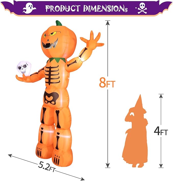 DomKom Halloween Inflatable Blow Up Decorations, 8FT Giant Skeleton Stacked Pumpkin Man Holding Skull, Built-in LEDs for Holiday Party, Garden, Lawn, Yard, Patio Décor