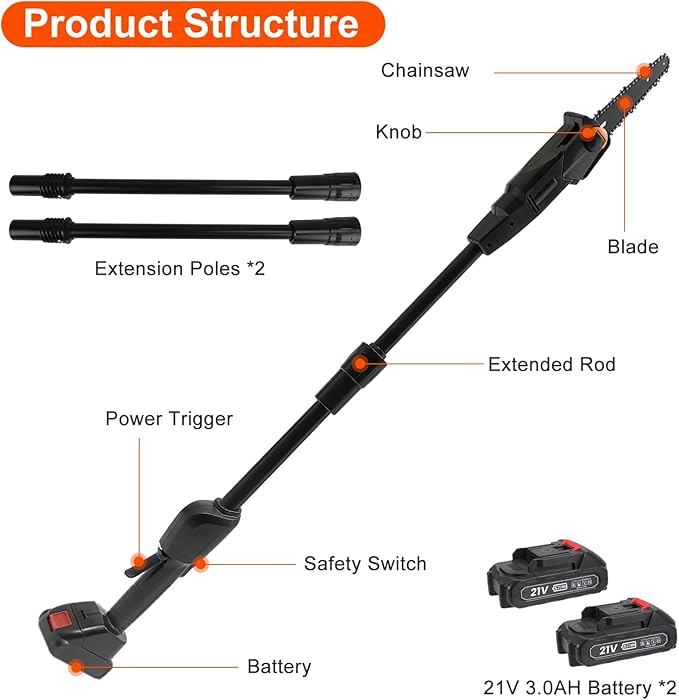 Pole Saw, 2025 Upgraded 6-Inch Cordless Pole Saws for Tree Trimming, 13-Feet MAX Reach Electric Pole Saw, 33ft/s Cutting Speed, Pole Chainsaw Tree Trimmer with 2Pcs 3000mAh Battery & Charger