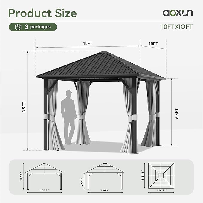 Aoxun 10'x10' Hardtop Gazebo, Galvanized Steel Outdoor Canopy Aluminum Single Top, Permanent Metal Pavilion with Netting and Privacy Curtains for Backyard, Patio and Deck