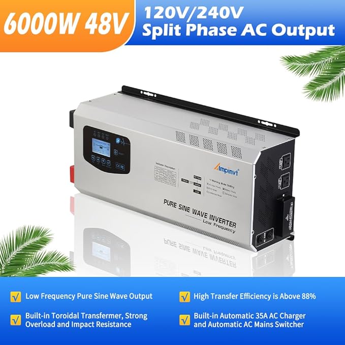 Ampinvt 6000W Peak 18000watts Pure Sine Wave Power Inverter 48V DC to 120/240 VAC Split Phase with Battery AC Charger,Off Grid Low Frequency Solar Inverter