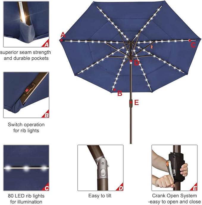 EliteShade USA 10-Year-Non-Fading Solar 9ft 3 Tiers Market Umbrella with 80 LED Lights Patio Umbrellas Outdoor Table with Ventilation,Navy Blue