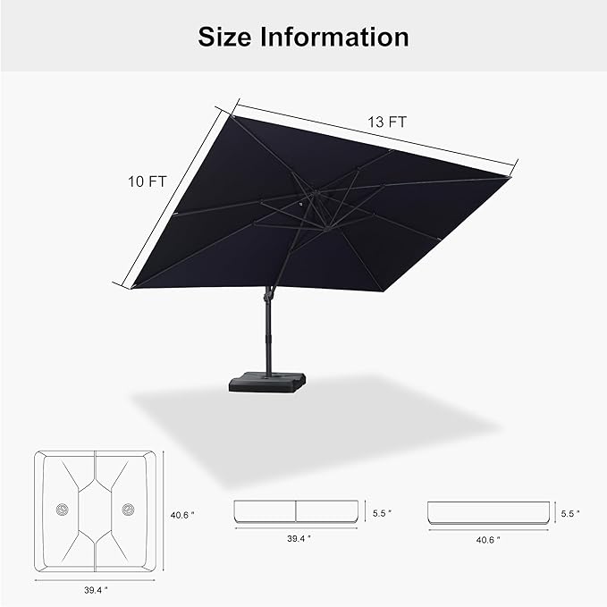 PURPLE LEAF 10' × 13' Patio Cantilever Umbrella with Base Outdoor Rectangle Adjustable Offset Umbrellas with 360-degree Rotation and 8 Heavy Duty Metal Ribs for Garden Deck Pool Navy Blue