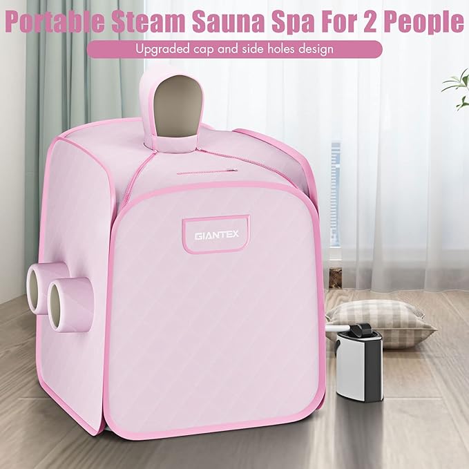 Giantex Portable Folding Sauna, 1 or 2 Person Steam Spa with Remote Control, Folding Chair, Foot Massage Roller, Absorbent Mat, 9 Temperature Levels, 3L Steamer, 800W Home Full Body Spa Tent (Pink)