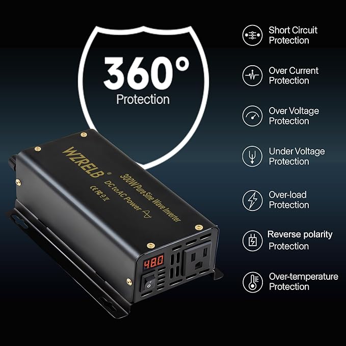 WZRELB 300W Pure Sine Wave Power Inverter 600W Peak DC 48V to 110V AC Car Adapter Off Grid with LED Display
