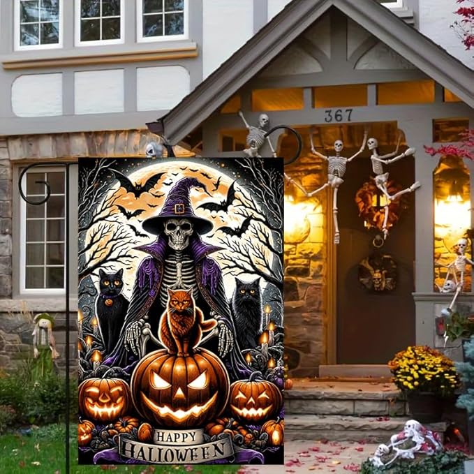 Halloween Garden Flag - Double Sided 12x18 with Ghost, Skull, Wizard, Skeleton Cats, Pumpkins, Bats - Spooky Outdoor Scary Yard Decor