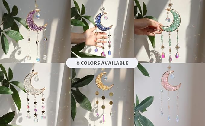 Moon Suncatcher Hanging Decor, Boho Chic Amethyst Crystal Sun Catcher, Spritual Sun Light Catcher for Windows, Crescent Moon Housewarming Gift (Amethsyt)