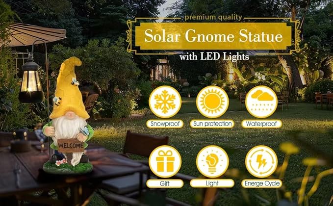 Garden Gnome Statue Solar Statue with LED Lantern, Resin Gnome Figurine Ornament for Patio Yard Lawn Porch Outdoor Decor