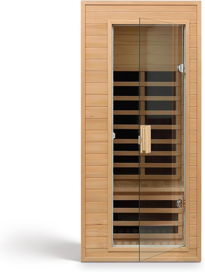 Infrared Sauna for Home Single Person Hemlock Far Infrared Roof Embedded Indoor Sauna for Home with Bluetooth & LED, Natural