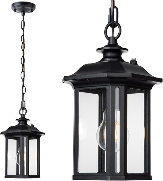 JYZ Dusk to Dawn Outdoor Pendant Lighting, Exterior Hanging Lantern Light Fixture, Classic Black Outdoor Chandelier, Outside Ceiling Mount Hanging Lamp for Porch Hallway Foyer Patio Gazebo Pergola