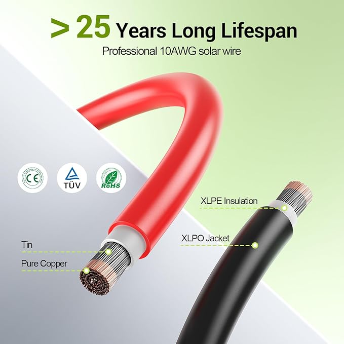 30FT 10AWG Solar Extension Cable, 10 Gauge Solar Panel Wire with Female and Male Connectors for Outdoor RV, Off-Grid Photovoltaic Systems (Black+Red)