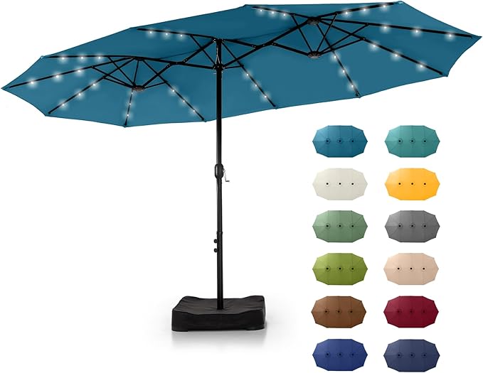 GREEN PARTY 15 ft Rectangle Patio Umbrella with Solar Lights and Base Included, Double-Sided Market Table Umbrella with Crank, Large Outdoor Umbrellas for Patio Poolside Garden Backyard, Cerulean