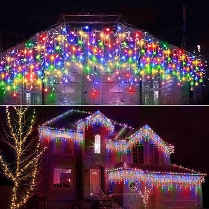 304 LED Solar Christmas Lights, Multicolored Outdoor Icicle Lights, 8 Modes Waterproof Solar Powered String Lights for Xmas Tree Patio Yard Garden Wedding Party House Eaves Roof Decorations