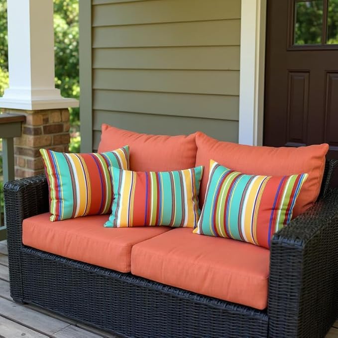 RSH Decor Lumbar Throw Pillows Set of 4 – 20″ × 12″ Outdoor Lumbar Cushions in Bright Stripes – All-Weather Spun Fabric, Water & Fade-Resistant – Made in USA for Patio Furniture