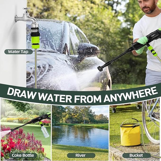 1200PSI Cordless Electric Pressure Washer Pro (21V 2000mAh 2 Batteries), 16.4FT Drain Hose, 6-in-1 Nozzle, Pressure Washer Gun for Cars Fences Driveways Patios Home Cleaning