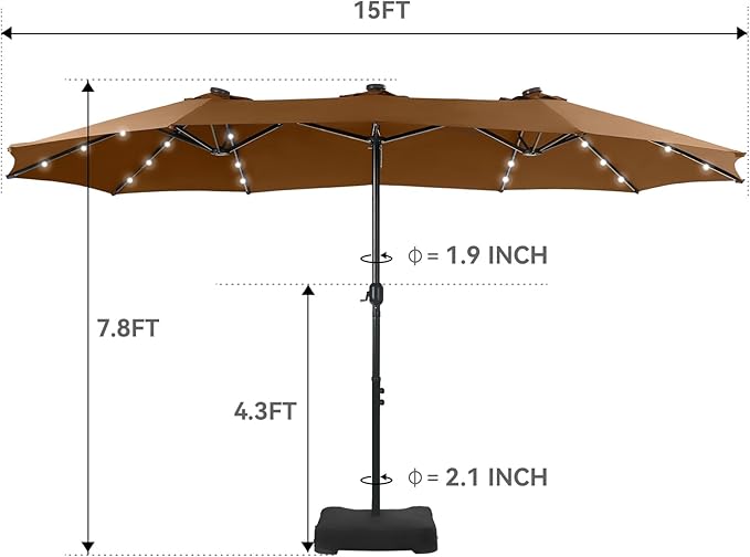GREEN PARTY 15 ft Rectangle Patio Umbrella with Solar Lights and Base Included, Double-Sided Market Table Umbrella with Crank, Large Outdoor Umbrellas for Patio Poolside Garden Backyard, Tawny