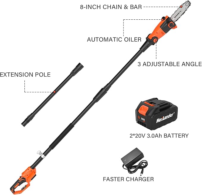 8-Inch Cordless Pole Saws for Tree Trimming, 20V Electric Pole Saw with 2 x 3.0Ah Battery & Charger, 16ft/s Cutting Speed Auto Oiling Multi-Angle Pole Chainsaw,15-Feet Maximum Adjustable Reach