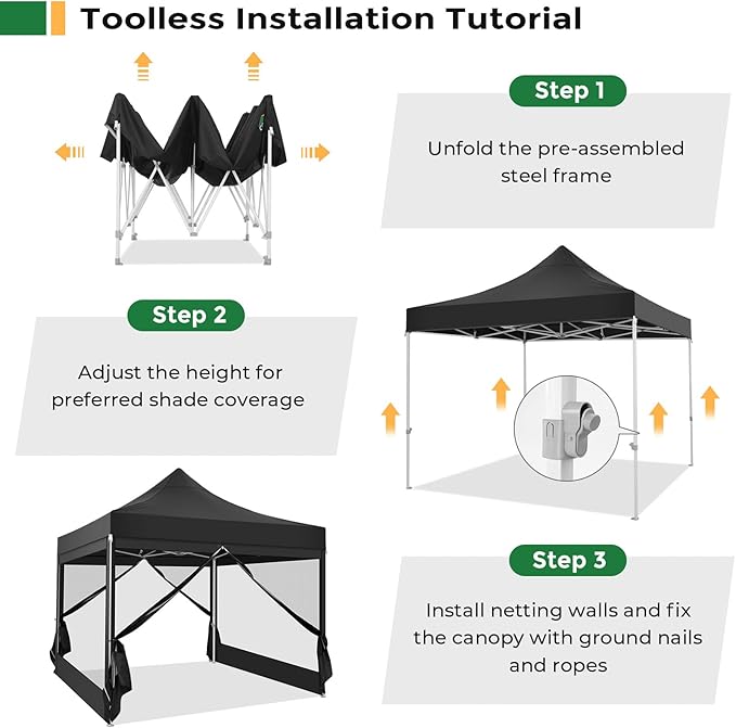COBIZI 10x10 Heavy Duty Pop Up Canopy with 4 Mosquito Netting Wall, Easy Set Up Commercial Gazebo Party Tent, Outdoor Instant Screen Canopy for Backyard, Patio, Garden, Black