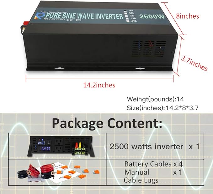WZRELB 2500W 36V 120V Pure Sine Wave Power Inverter with Remote Control,2 AC Outlets,Car Inverter,RBPRC-250036