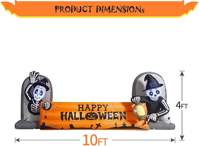 10FT Large Halloween Inflatable Decorations Skeleton Tombstone Banner, Build-in LED Lights Holiday Blow Up Yard Decoration for Halloween Holiday Party Outdoor，Garden Yard Lawn Decor