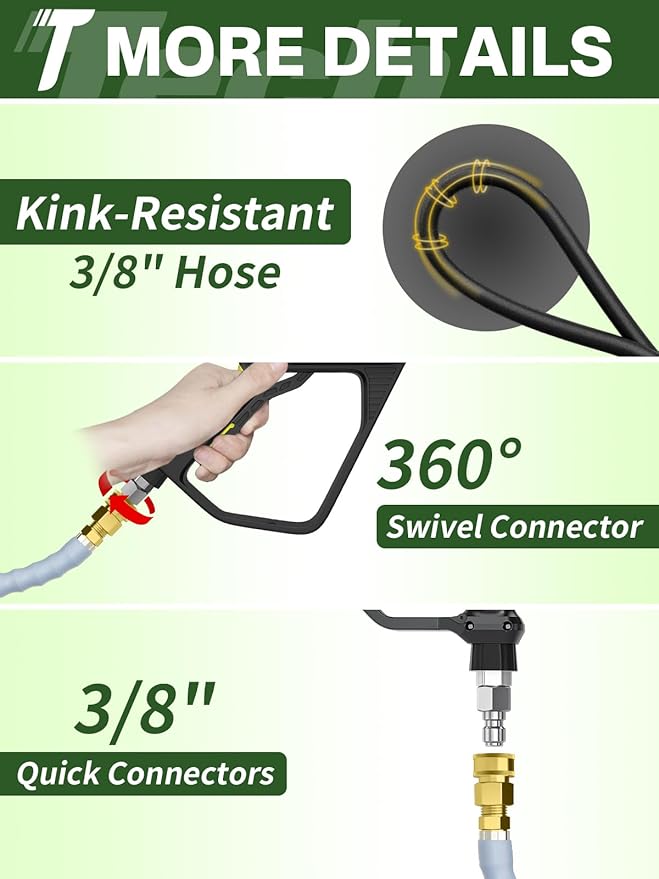 3/8" 4800PSI Pressure Washer Hose 150FT with Swivel Quick Connect for Cold/Hot Water Max 248°F, Kink Resistant Steel Wire Braided, Wear Resistant Power Washer Hose with M22 14mm Adapter