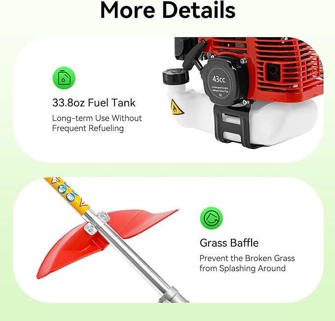 43cc Gas Weed Wacker, 2-Stroke String Trimmer/Edger Single Cylinder Air Cooled Engine with Heavy Duty Straight Shaft Lawn Mower Strings for Home Lawn Orchard Tea Garden Mowing
